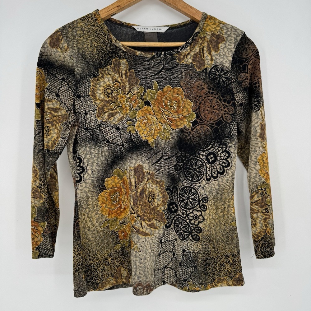 Peter Nygard Women's Boho Top‎ Floral Petite Small Stretch Long Sleeve Blouse